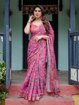 ALMAARI FASHION - Women Handloom Style Linen Cotton Floral Print Saree