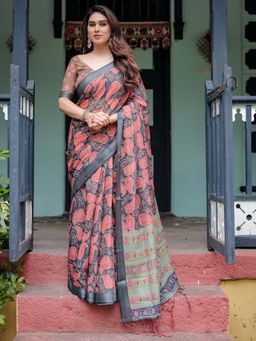 ALMAARI FASHION - Women Handloom Style Linen Cotton Floral Print Saree with Tassel Pallu