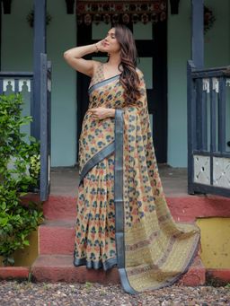 ALMAARI FASHION - Women Handloom Style Linen Cotton Floral Printed Ethnic Saree