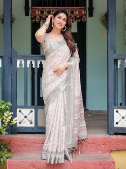 ALMAARI FASHION - Women Linen Cotton Ethnic Saree with Tassel Pallu