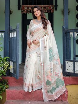 ALMAARI FASHION - Women Linen Cotton Floral Printed Saree with Decorative Tassel Pallu