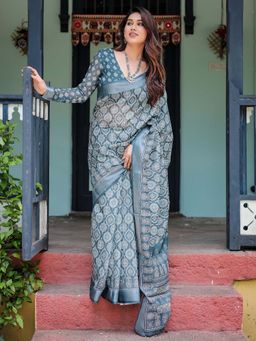 ALMAARI FASHION - Women Linen Cotton Floral Printed Saree with Tassel Pallu