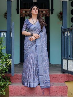 ALMAARI FASHION - Women Linen Cotton Floral Printed Saree with Tassel Pallu