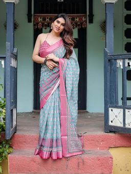 ALMAARI FASHION - Women Linen Cotton Floral Printed Saree with Tassel Pallu Border