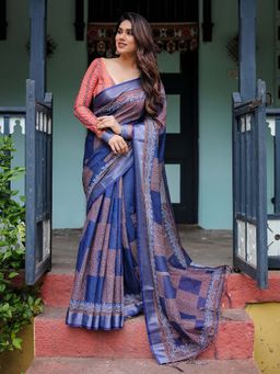 ALMAARI FASHION - Women Linen Cotton Floral Printed Saree with Tassels