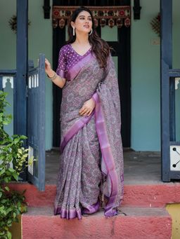 ALMAARI FASHION - Women Linen Cotton Floral Traditional Saree with Tassel Pallu