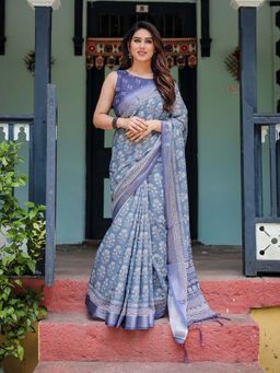 ALMAARI FASHION - Women Linen Cotton Printed Saree with Floral Design and Tassel Pallu