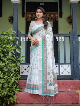 ALMAARI FASHION - Women Handloom Linen Cotton Floral Printed Casual Saree with Tassels