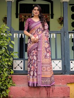 ALMAARI FASHION - Women Handloom Linen Cotton Floral Saree with Tassel Border