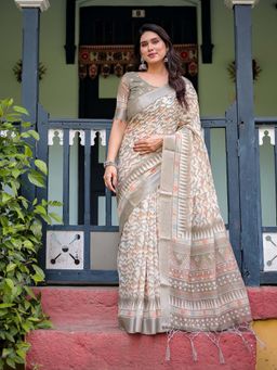 ALMAARI FASHION - Women Handloom Linen Cotton Floral Printed Saree with Tassel Pallu