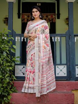 ALMAARI FASHION - Women Handloom Linen Cotton Floral Saree with Tassel Pallu