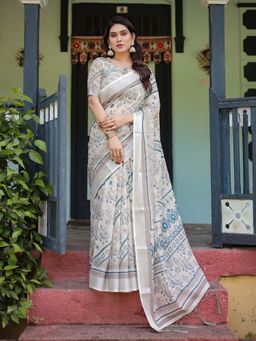 ALMAARI FASHION - Women Handloom Style Floral Linen Cotton Saree with Tassel Pallu