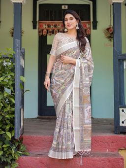 ALMAARI FASHION - Women Handloom Style Linen Cotton Floral Print Saree