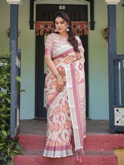 ALMAARI FASHION - Women Style Linen Cotton Printed Saree with Tassel Pallu