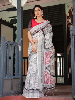 ALMAARI FASHION - Women Style Linen Cotton Printed Saree with Tassels