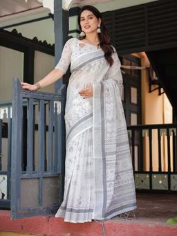ALMAARI FASHION - Women Linen Cotton Ethnic Printed Saree with Tassel Pallu