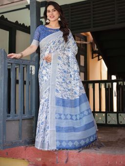 ALMAARI FASHION - Women Linen Cotton Floral Ethnic Saree with Tassel Pallu