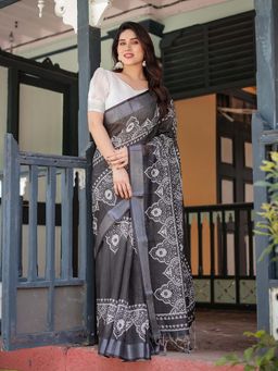 ALMAARI FASHION - Women Linen Cotton Printed Ethnic Saree with Tassel Pallu