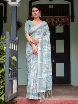 ALMAARI FASHION - Women Linen Cotton Floral Printed Saree with Decorative Tassel Pallu