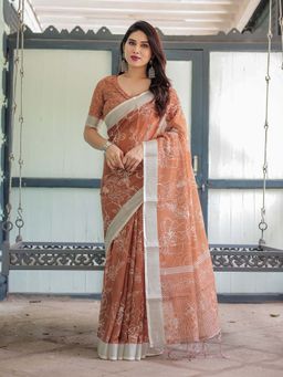 ALMAARI FASHION - Women Linen Cotton Floral Printed Saree with Tassel Pallu