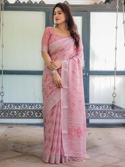 ALMAARI FASHION - Women Linen Cotton Floral Printed Saree with Tassel Pallu