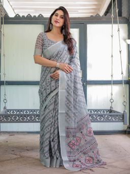 ALMAARI FASHION - Women Linen Cotton Floral Printed Saree with Tassels