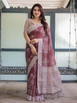ALMAARI FASHION - Women Linen Cotton Floral Traditional Saree with Tassel Pallu