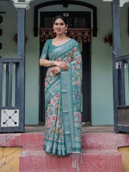 ALMAARI FASHION - Women Linen Cotton Printed Saree with Floral Design and Tassel Pallu