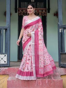 ALMAARI FASHION - Women Linen Cotton Traditional Floral Printed Saree with Tassel Pallu