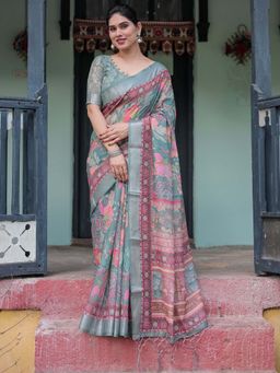 ALMAARI FASHION - Women Handloom Linen Cotton Ethnic Floral Print Saree with Tassels