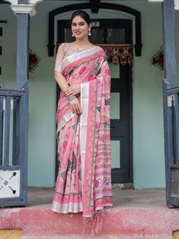 ALMAARI FASHION - Women Handloom Linen Cotton Floral Print Saree with Tassel Pallu