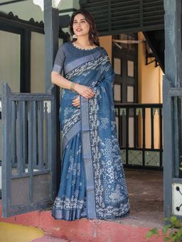 ALMAARI FASHION - Women Linen Cotton Floral Printed Casual Saree with Tassels