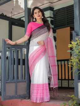 ALMAARI FASHION - Women Printed Linen Cotton Floral Printed Saree