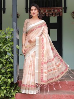 ALMAARI FASHION - Women Handloom Linen Cotton Floral Saree with Tassel Pallu