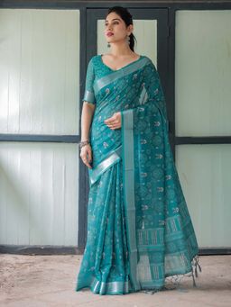 ALMAARI FASHION - Women Handloom Style Floral Linen Cotton Saree with Tassel Pallu