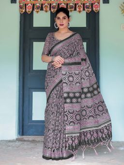 ALMAARI FASHION - Women Handloom Style Linen Cotton Floral Printed Saree with Tassels