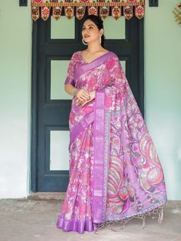 ALMAARI FASHION - Women Linen Cotton Ethnic Floral Printed Saree with Tassel Pallu