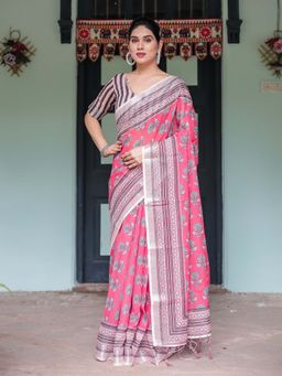 ALMAARI FASHION - Women Linen Cotton Floral Ethnic Saree with Tassel Pallu