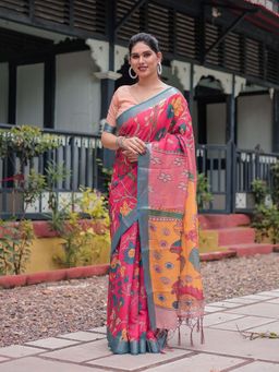 ALMAARI FASHION - Women Linen Cotton Floral Printed Saree with Decorative Tassel Pallu