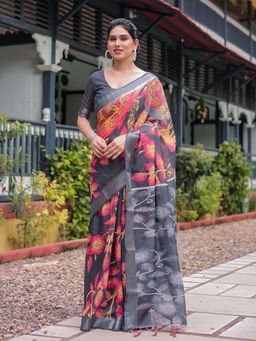 ALMAARI FASHION - Women Linen Cotton Floral Printed Saree with Tassel Pallu