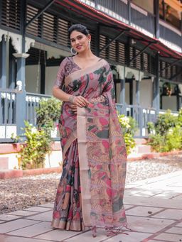 ALMAARI FASHION - Women Linen Cotton Printed Saree with Tassel Pallu