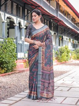 ALMAARI FASHION - Women Linen Cotton Floral Printed Saree with Tassel Pallu Border