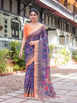 ALMAARI FASHION - Women Linen Cotton Floral Printed Saree with Tassels