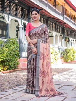 ALMAARI FASHION - Women Linen Cotton Floral Traditional Saree with Tassel Pallu