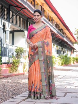 ALMAARI FASHION - Women Linen Cotton Printed Saree with Floral Design and Tassel Pallu
