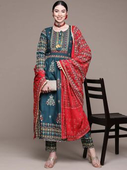 Anubhutee - Women Teal Ethnic Motifs Printed Kurta with Pants & Dupatta (Set of 3)