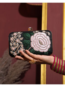 HOUSE OF WEBHIN - Rosette Embroidered Black Clutch
