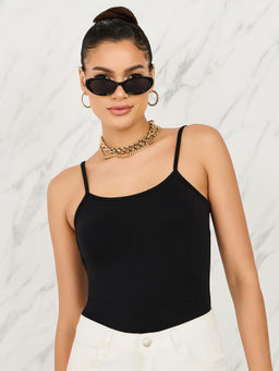 Styli - Black Solid Cotton Fitted Cami Top