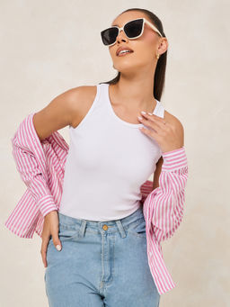 Styli - White Solid Cotton Fitted Tank Top