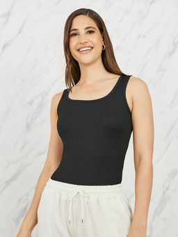 Styli Elevate - Black Solid Polyester Regular Top